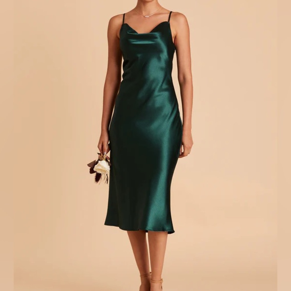 Emerald green shiny satin birdy grey dress